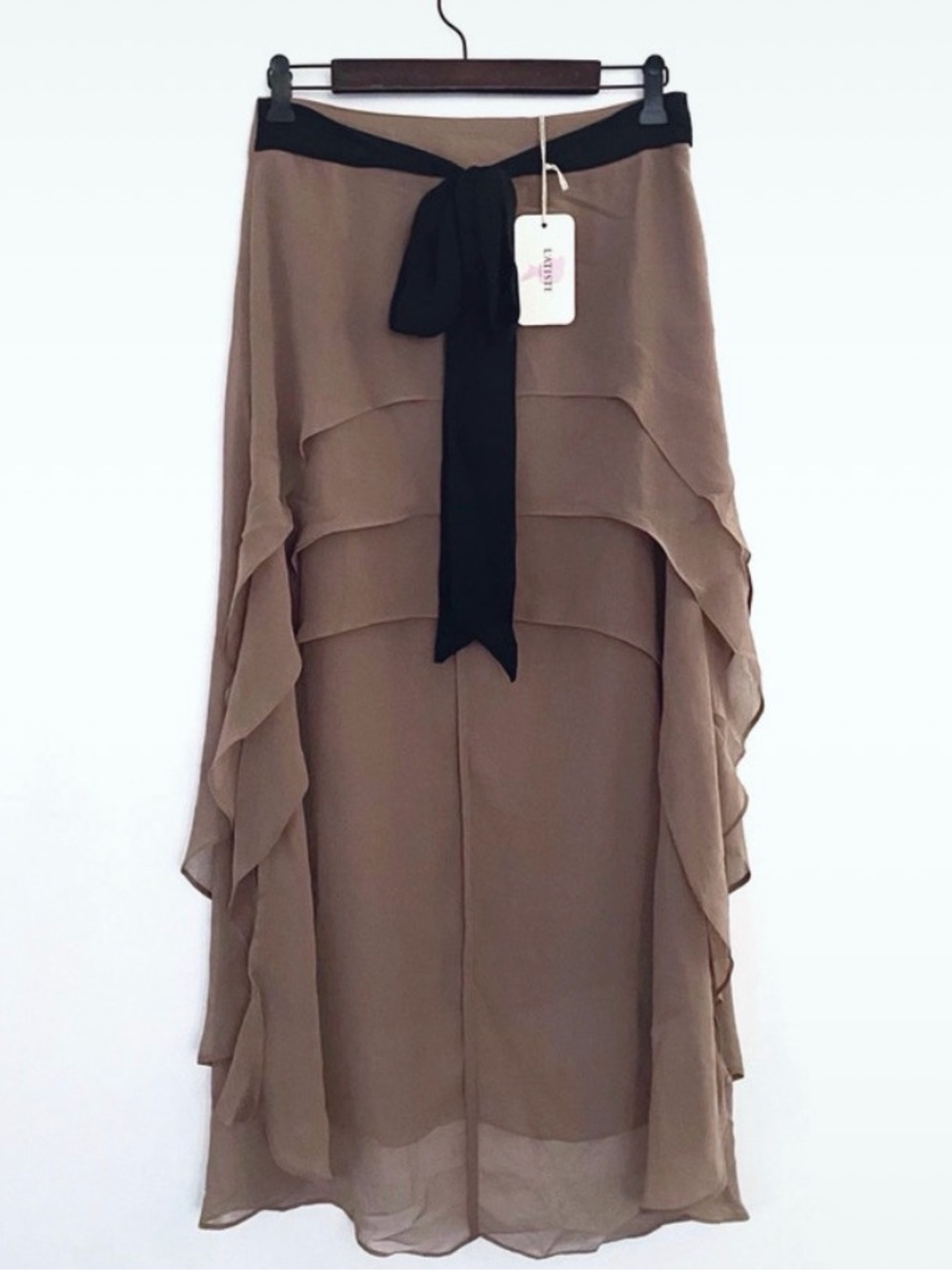 L'ATISTE by Amy Tiered Ruffle Chiffon Maxi Skirt - Brown/Tan with Black Bow